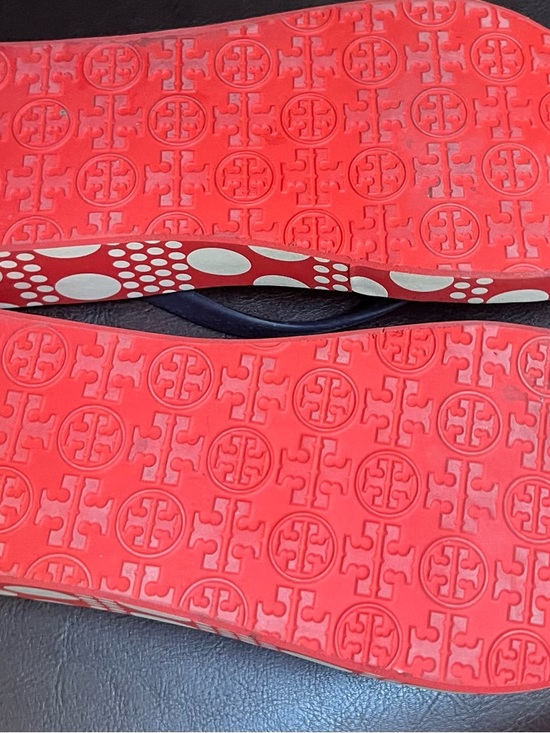 Tory Burch Red and White Polka Dot Flip Flops with Navy Straps